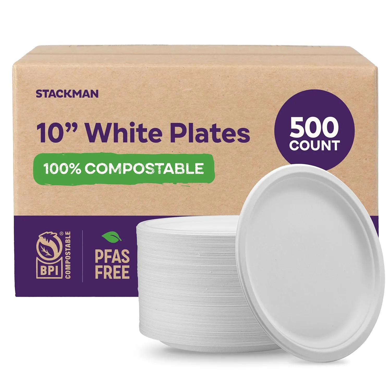 100% Compostable Paper Plates 10 Inch 500 Count Heavy-Duty Dinner Plates, Natural Unbleached Eco-Friendly Disposable Biodegradable Sugarcane Plates