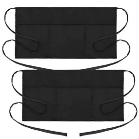 2 Pack Waitress Apron with 3 Pockets - Water & Oil Resistant - Black Waist Aprons for Servers - Half Aprons for Women - 12 Inch