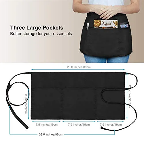 2 Pack Waitress Apron with 3 Pockets - Water & Oil Resistant - Black Waist Aprons for Servers - Half Aprons for Women - 12 Inch