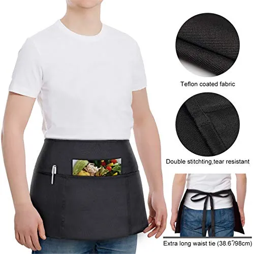 2 Pack Waitress Apron with 3 Pockets - Water & Oil Resistant - Black Waist Aprons for Servers - Half Aprons for Women - 12 Inch