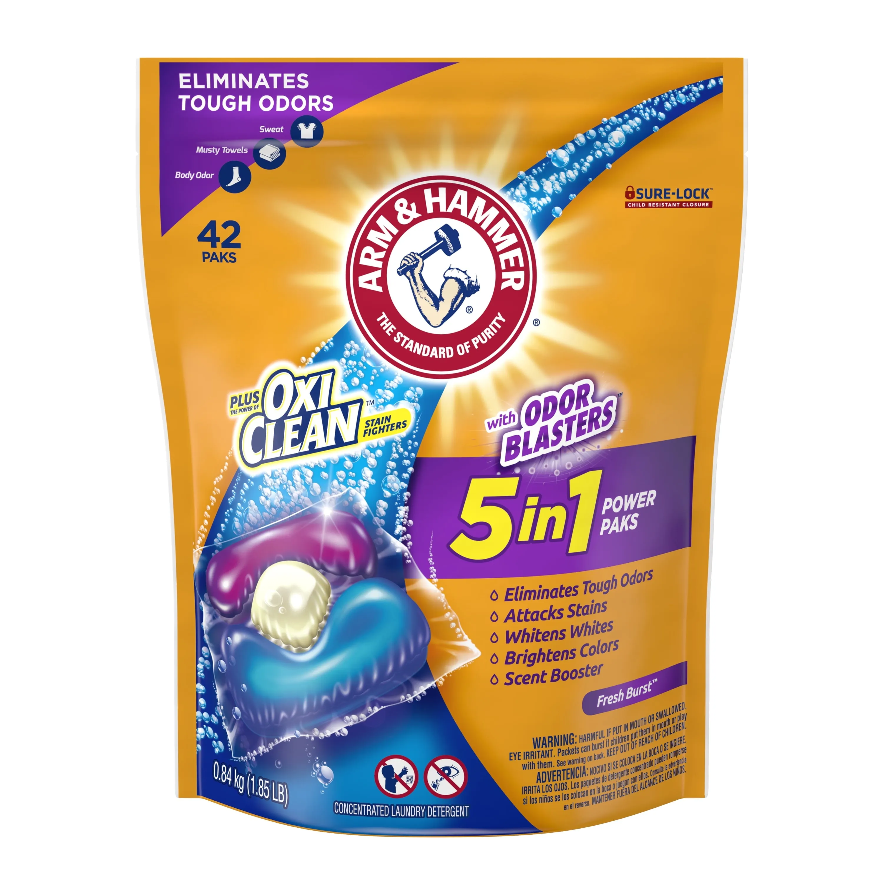 ARM & HAMMER Plus OxiClean with Odor Blasters 5-in-1 Fresh Burst Laundry Detergent Power Paks, 42 Count Bag