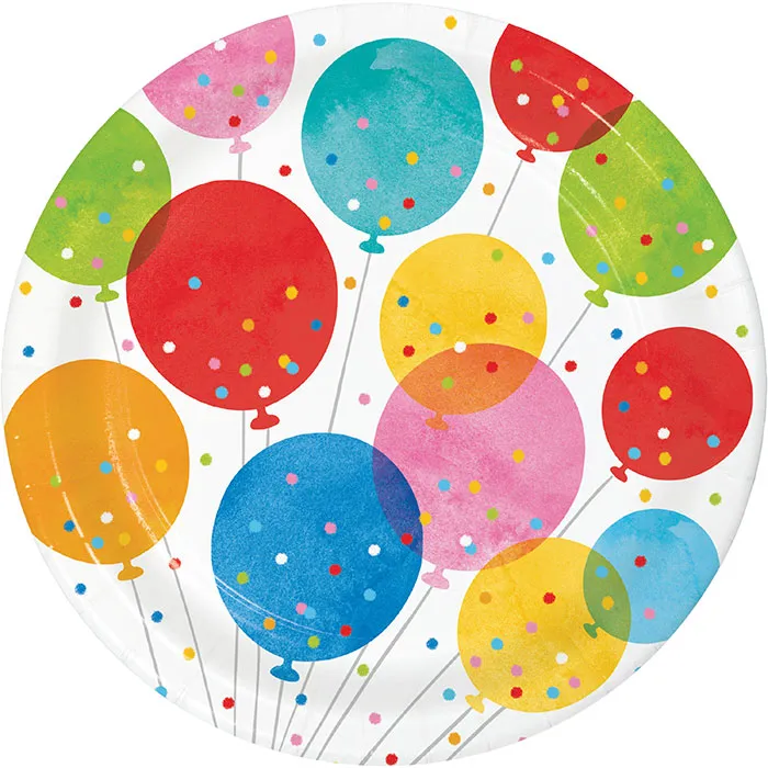 Bulk Birthday Confetti Balloons Paper Dinner Plates (96 per Case)