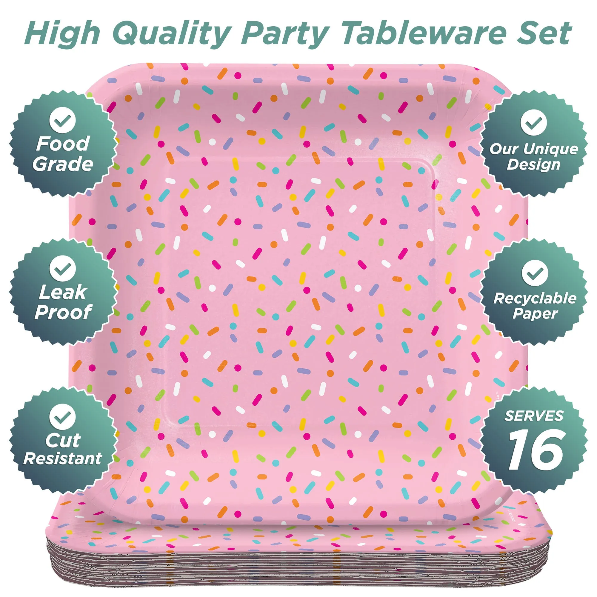 Confetti Sprinkles Pink Square Paper Dinner Plates for 16 Guests