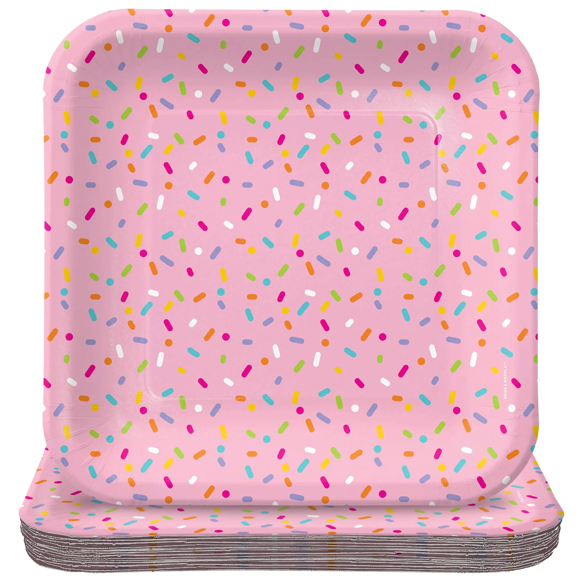 Confetti Sprinkles Pink Square Paper Dinner Plates for 16 Guests