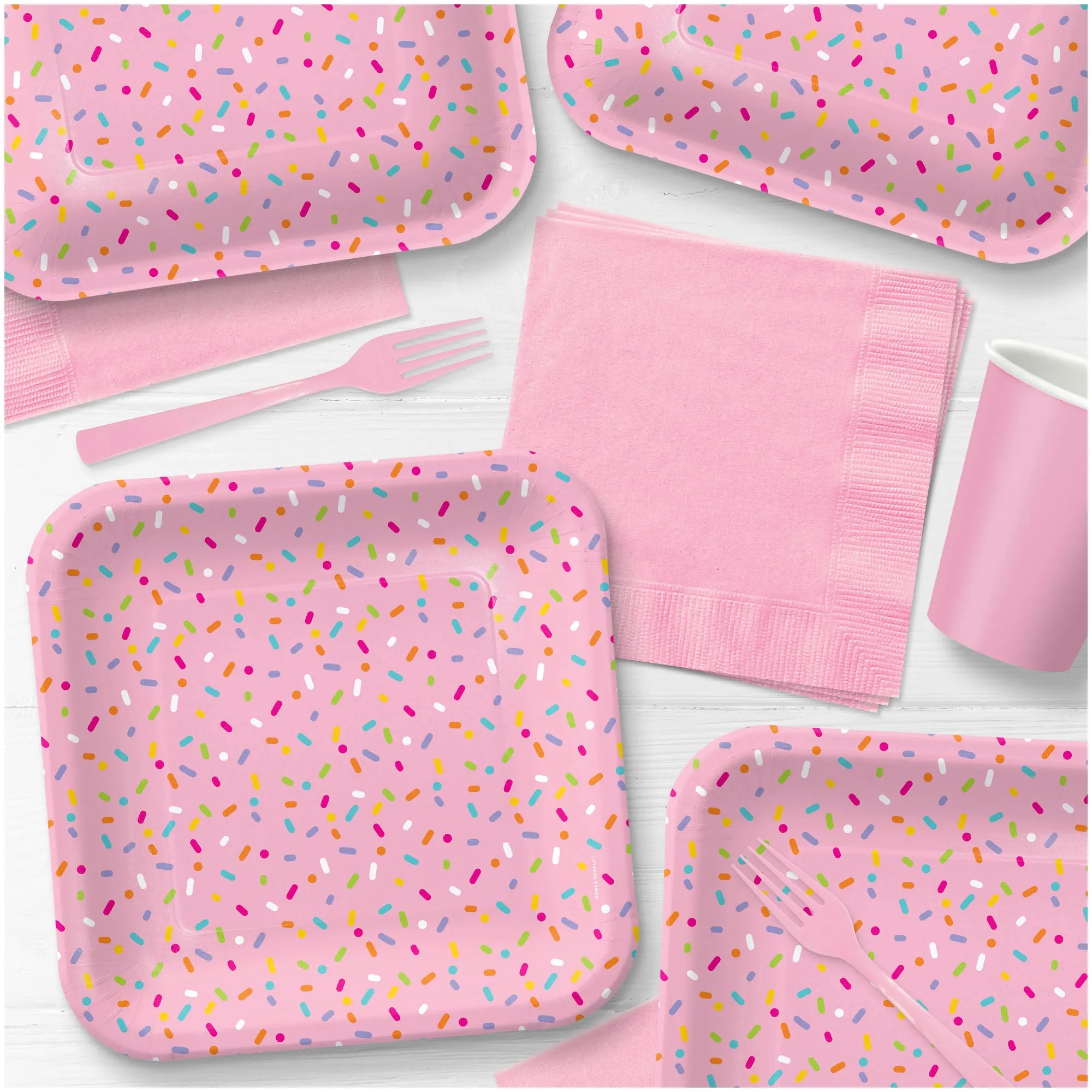 Confetti Sprinkles Pink Square Paper Dinner Plates for 16 Guests