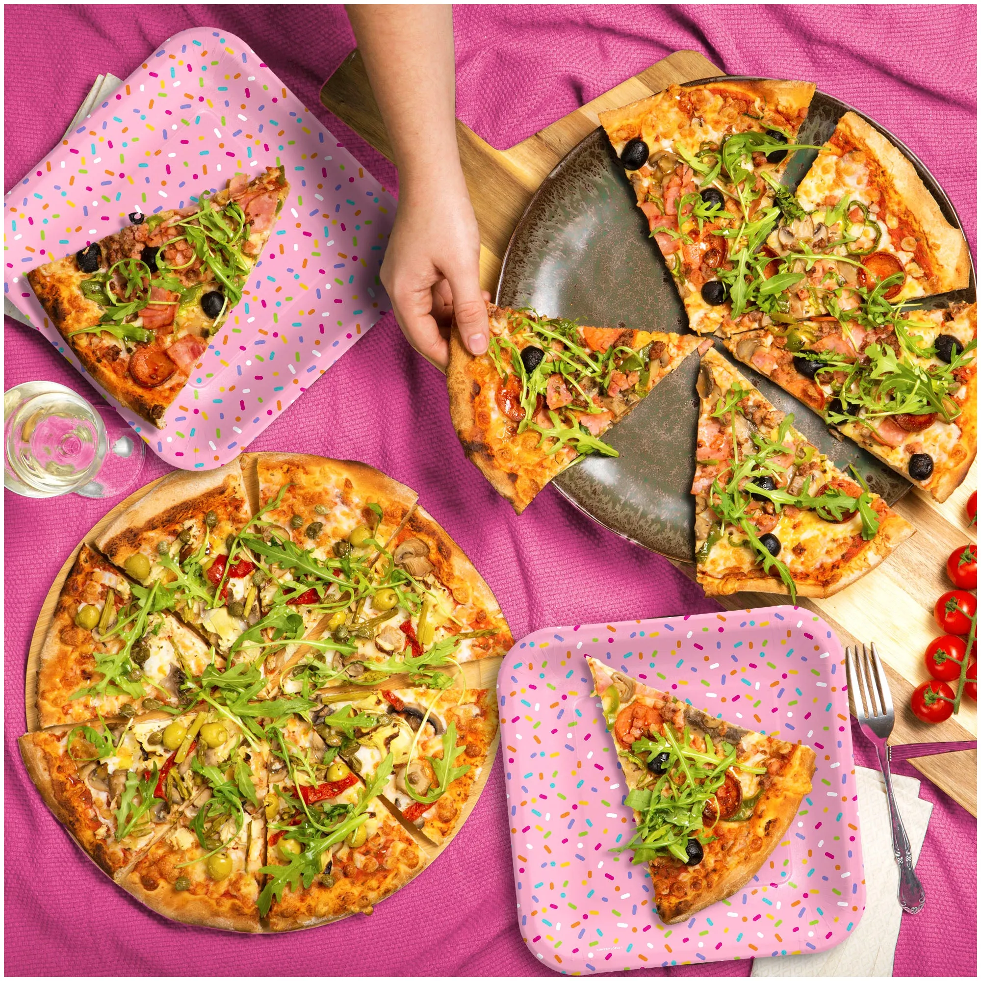 Confetti Sprinkles Pink Square Paper Dinner Plates for 16 Guests